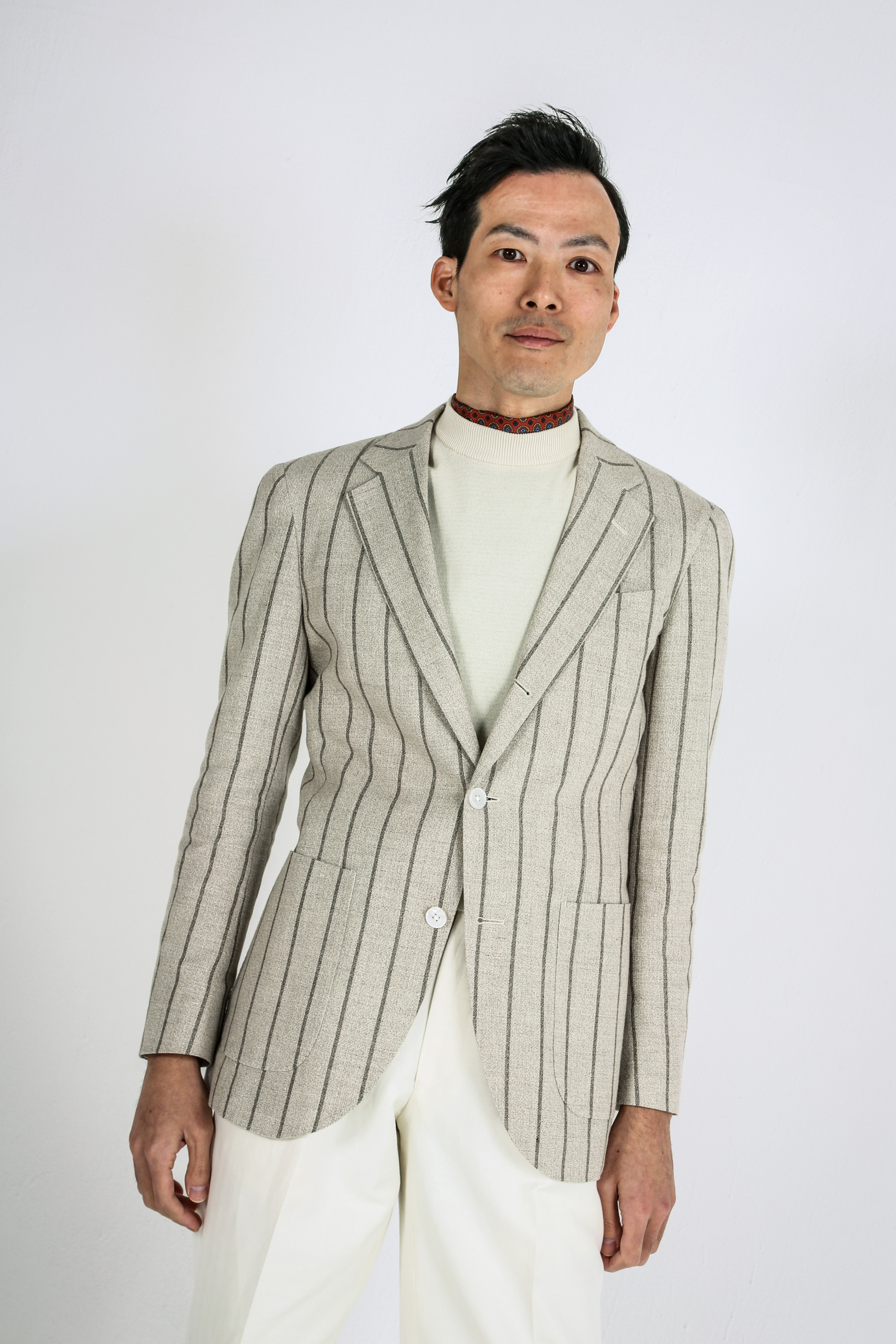 コットンリネンジャケット｜ベージュストライプ