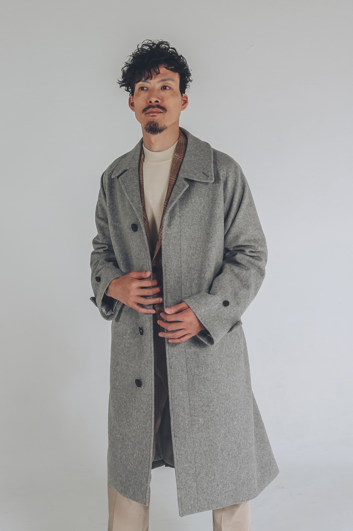 尾州WOOL /ラグランステンカラーコート_グレー