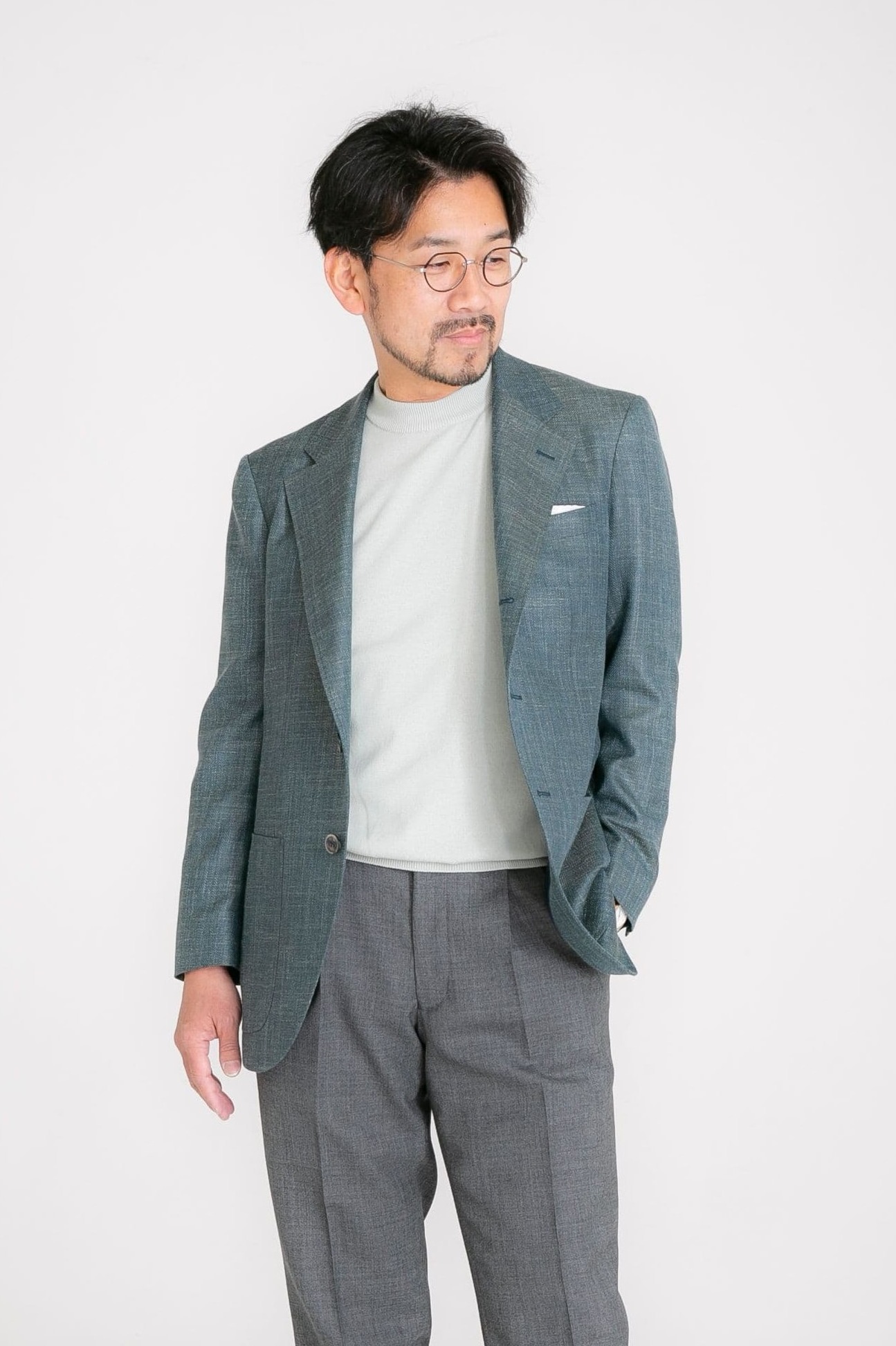 サマーツイードジャケット｜ペトロール・メランジ